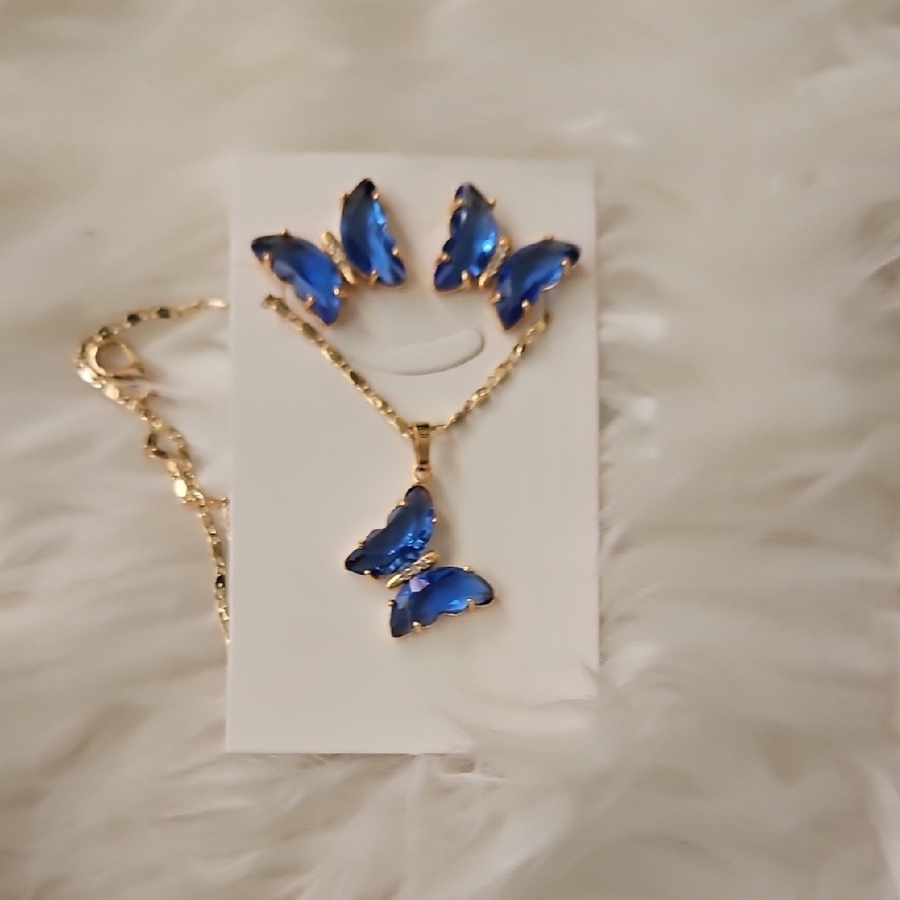 Othr Blue and Gold Butterfly Necklace Set